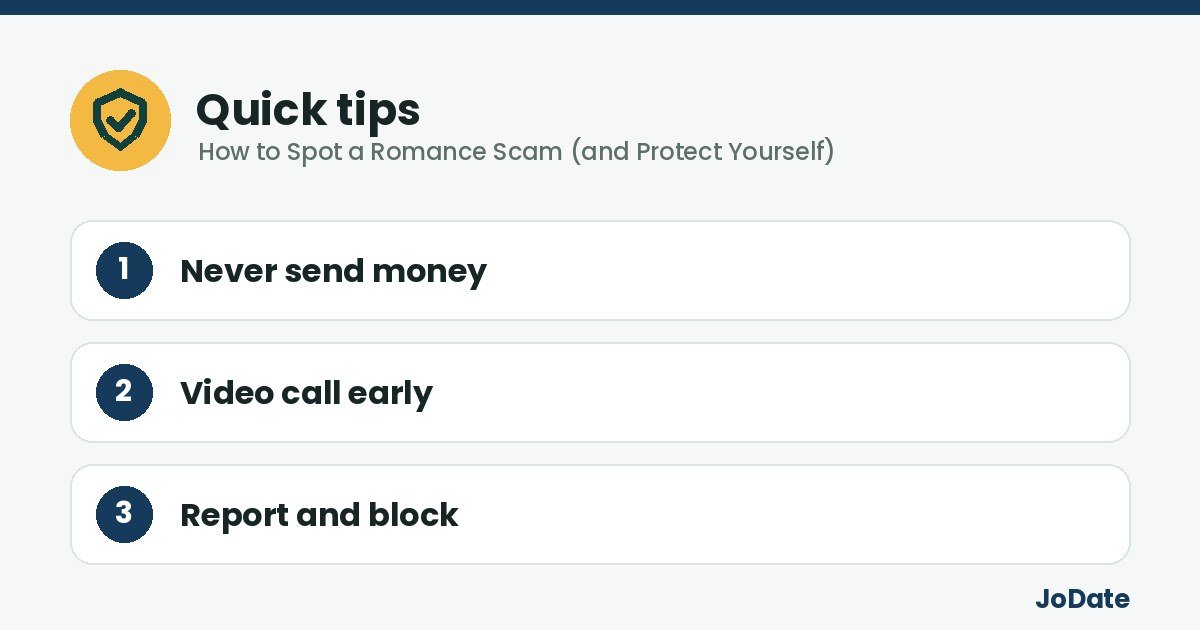 Quick tips: Never send money, Video call early, Report and block
