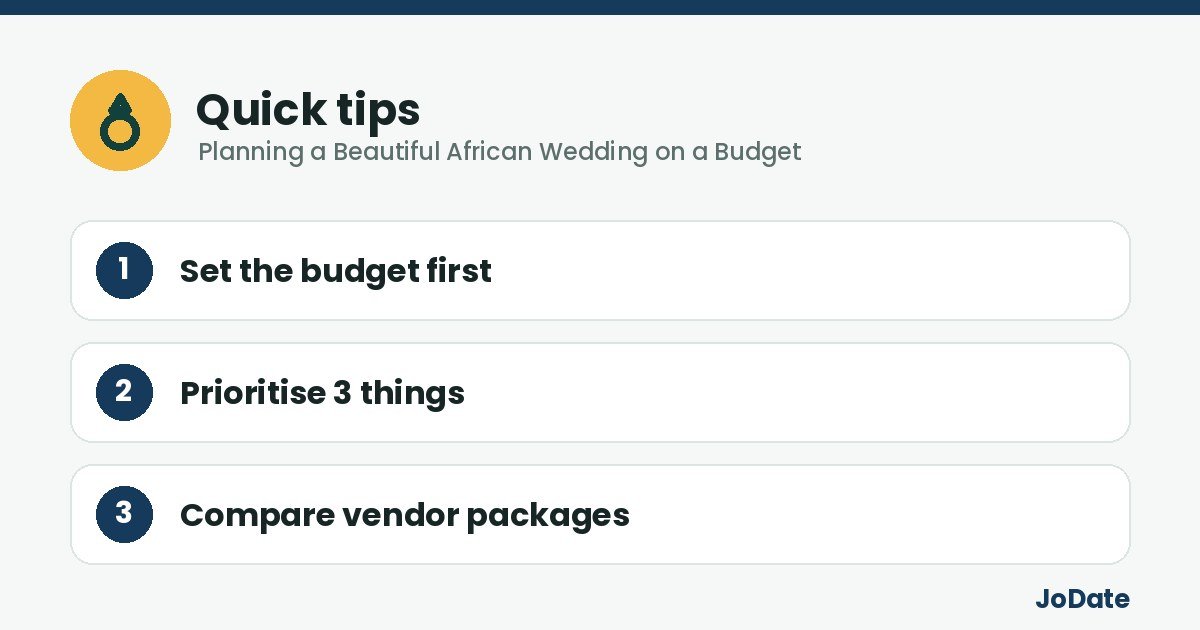 Quick tips: Set the budget first, Prioritise 3 things, Compare vendor packages