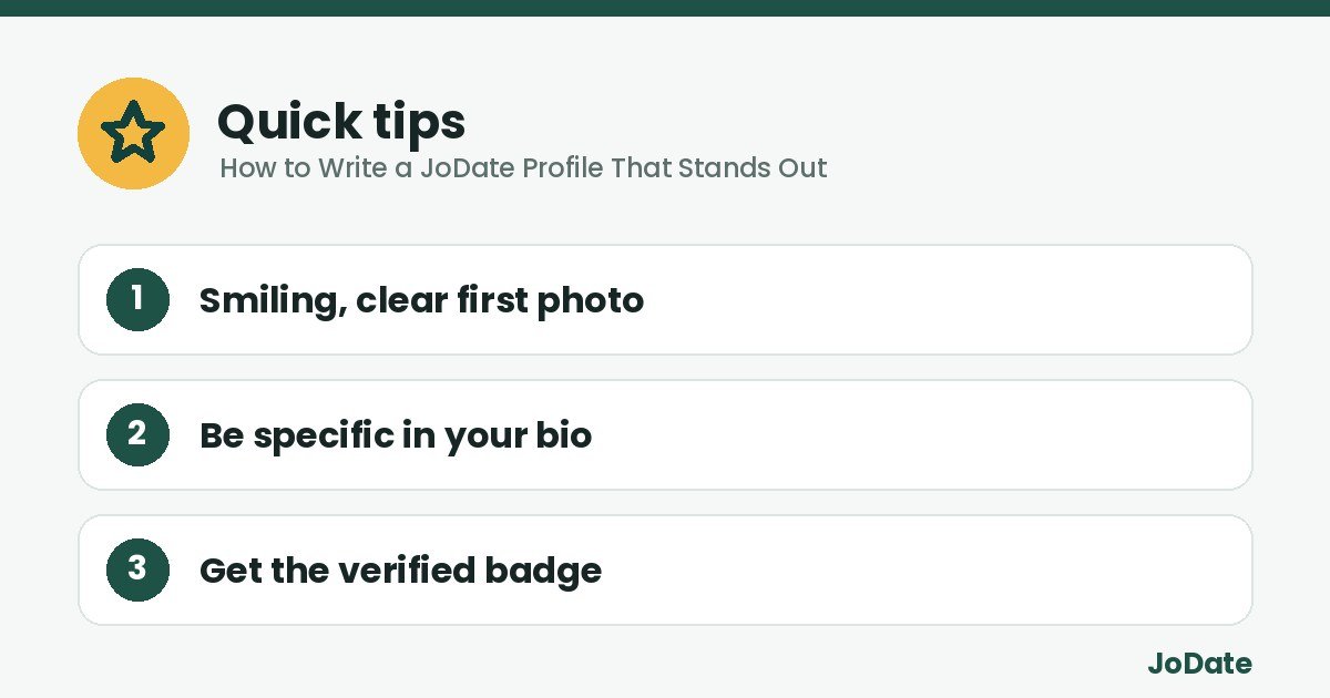 Quick tips: Smiling, clear first photo, Be specific in your bio, Get the verified badge